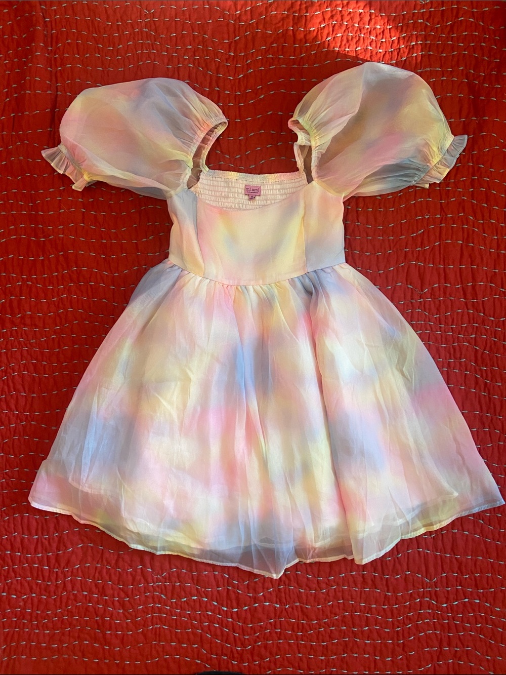 miami Pastel Watercolor Puff-Sleeve Dress